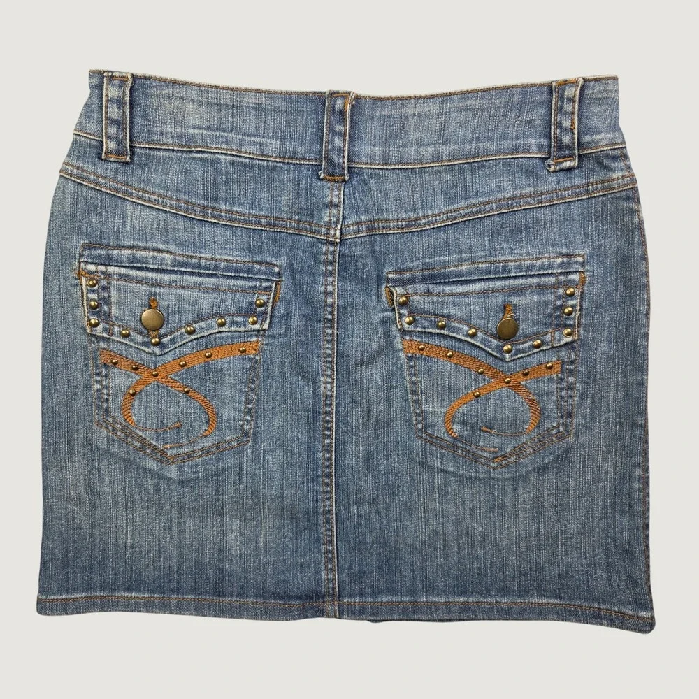 Cache Denim Mini Skirt Women's 4 Blue Vintage Studded Embellished Y2K Festival